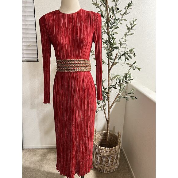 Vintage 1980s Mary McFadden Couture Pleat Gown Midi Red Gold Holiday Size 12 - Picture 9 of 9